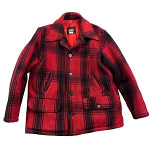 vtg 70s Medium Red Black Buffalo Plaid Mackinaw Lumber Cruiser Jacket Wool USA
